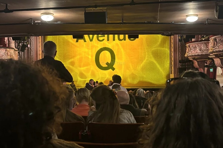 The stage at the Shaftesbury Theatre as seen from the very back row of the Stalls . There is a brown arch above the stage. The safety curtain is down - it is bright yellow and fuzzy, with the words Avenue Q in black text in the centre. The very top of the stage is cut off  by the ceiling, with only the bottom half of the word 'Avenue' visible. At the bottom of the image the backs of audience members heads can be seen. 