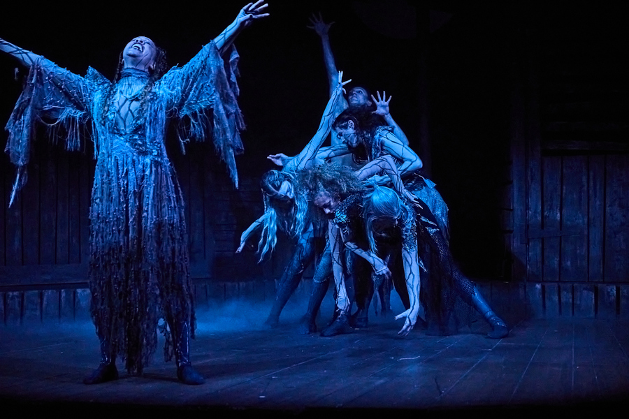 A woman stands on the left dressed in a witch-themed outfit with her arms out wide above her. At the back is a group of performers moving closely around one another.