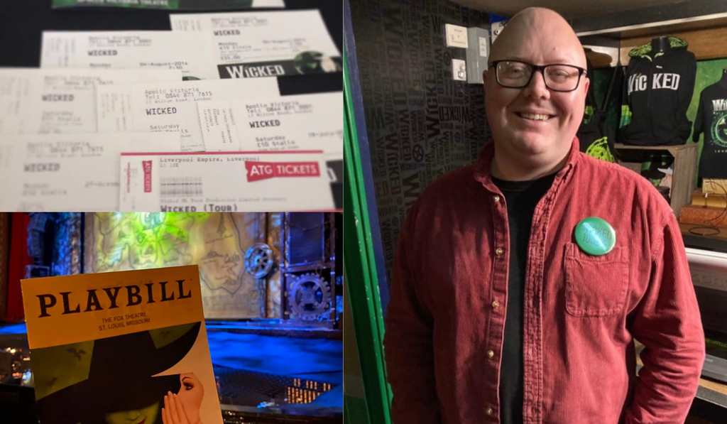 Three photo collage of James' Wicked memories: several tickets, a seat view photo with the programme held up, and James smiling with a homemade Wicked 100th Performance badge on his shirt.
