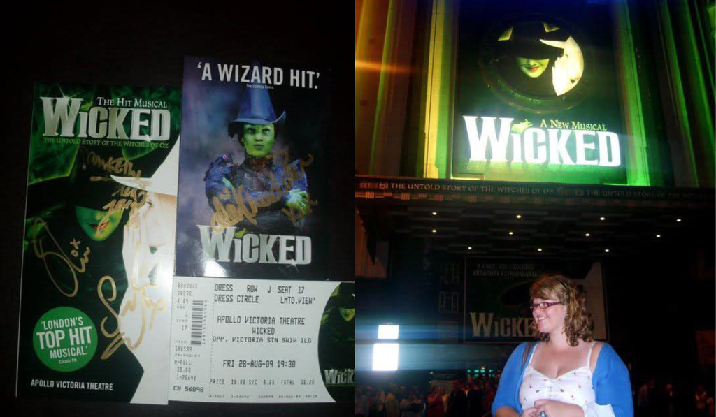 Two photo collage of Lauren's Wicked memories: programmes and tickets, and Katrina standing outside the Apollo Victoria Theatre at night.