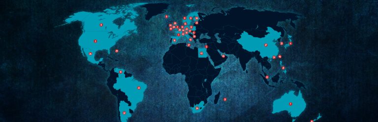 Les Miserables Around the World hero image, world map with red roundels on different countries.