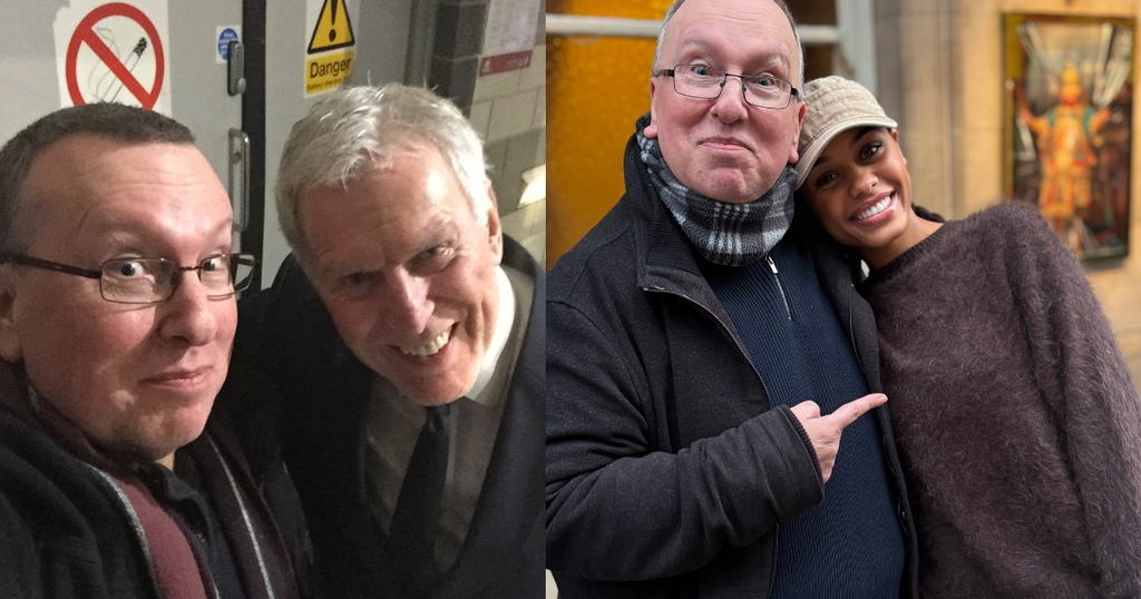 Selfies of Peter Cavanna at stage door with Dave Willetts (l) and Beatrice Penny Toure (r).