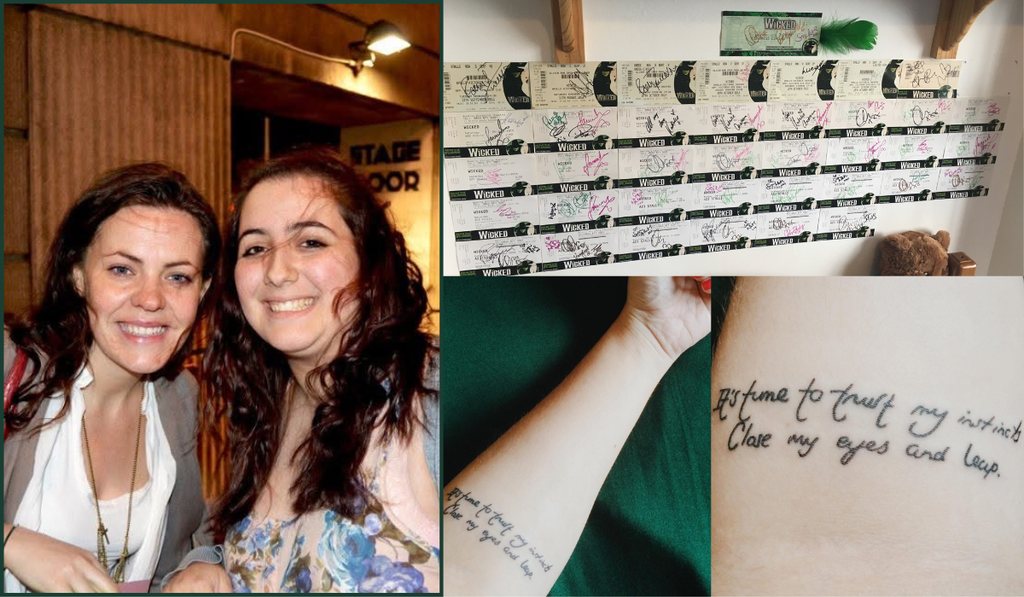 Three photo collage of Katrina's Wicked memories: a selfie with Rachel Tucker, tickets stuck to bedroom wall, and "trust my instincts" arm tattoo.