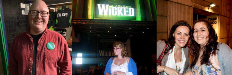 Collage of three Wicked fans posing at the venue and with cast.